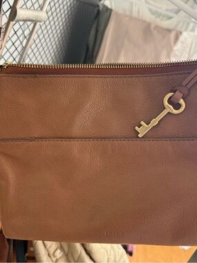 Fossil Tan Leather crossbody with Gold Key Charm